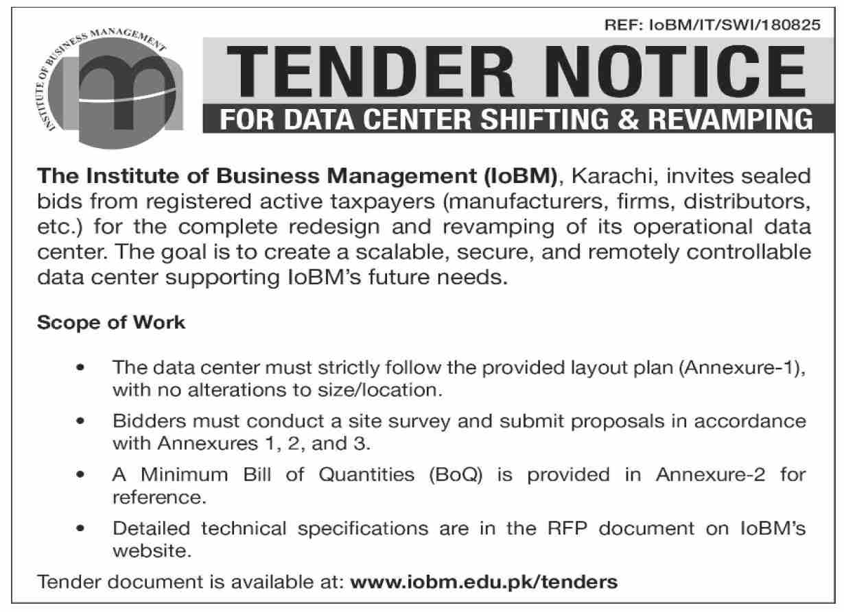 The Institute of Business Management Karachi Tender Notice